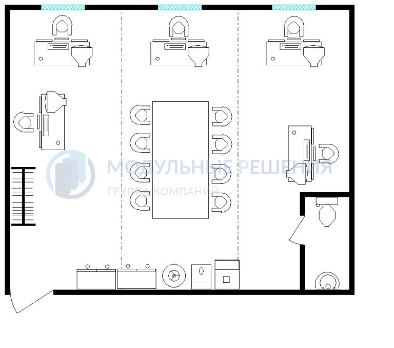 Планировка Модульное офисное здание — open space на 5 рабочих мест с переговорной